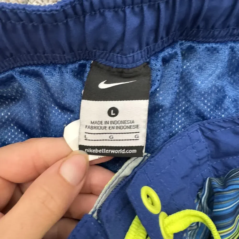 Nike Swim Trunks Mens Large Blue Yellow Striped Board Shorts Pocket Polyester